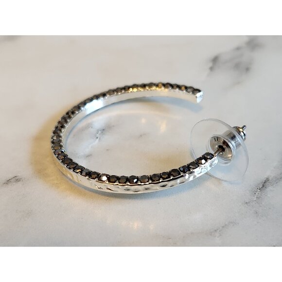 Napier Silver-Tone Black Crystal Hoop Earrings - Picture 4 of 4